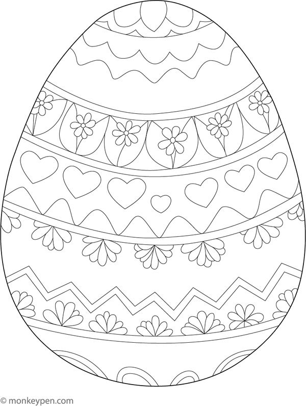 Printable colouring page of a large Easter egg with intricate patterns