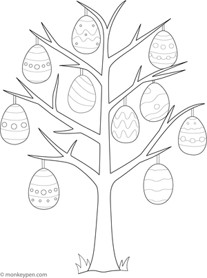 Printable colouring page of a tree decorated with hanging Easter eggs