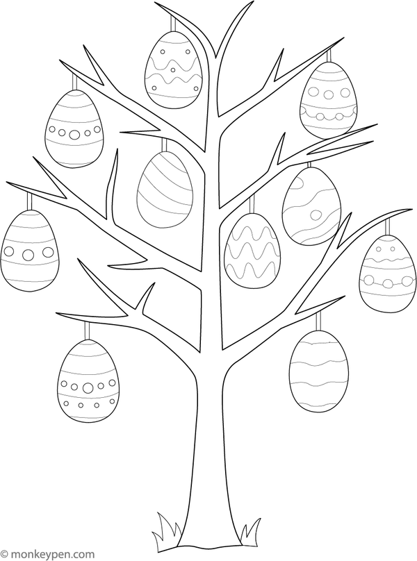 Printable colouring page of a tree decorated with hanging Easter eggs