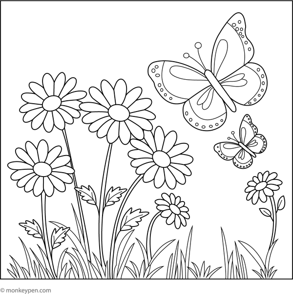 Printable colouring page of daisies surrounded by butterflies in a garden setting, suitable for educational activities.