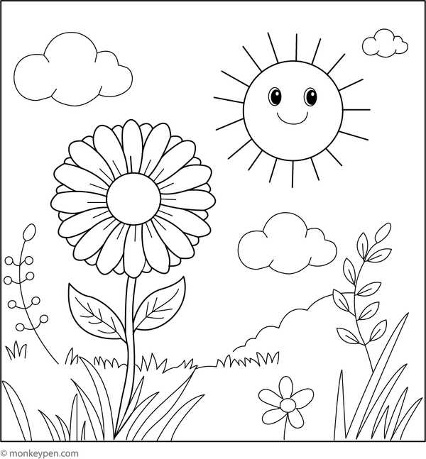 Colouring page of a daisy with a smiling sun in the sky, suitable for educational environments.