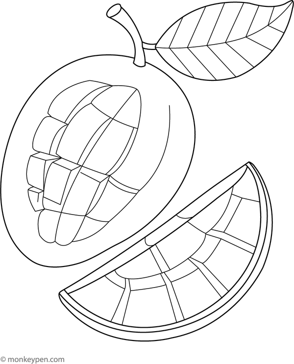 Anatomical illustration depicting a ripe, juicy sliced mango presented on a plate, suitable for children's coloring activities related to fruit.