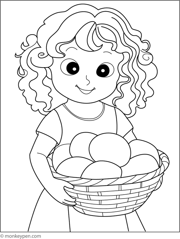 Coloring illustration of a joyful girl holding a basket brimming with mangoes, set against a farm scene suitable for children.