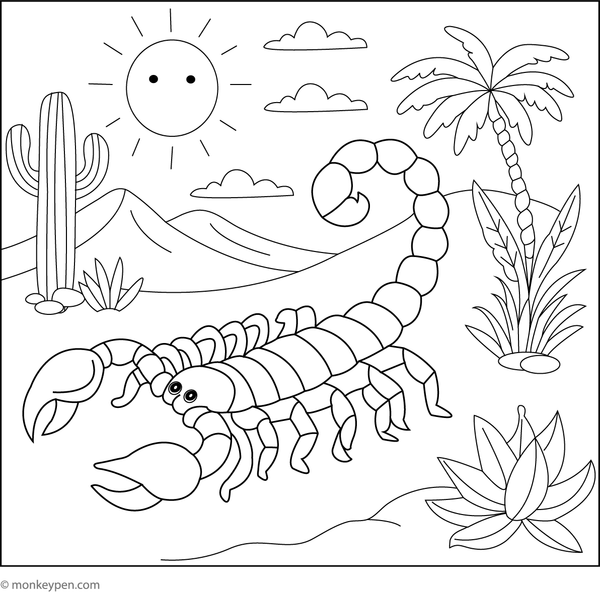 Colorful illustration of a scorpion traversing arid desert terrain adorned with rocks and vegetation, suitable for children's coloring activities.