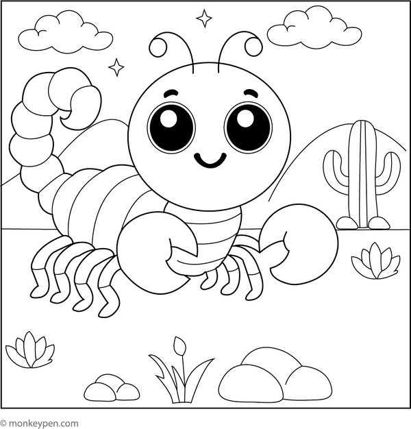 Coloring illustration of a friendly cartoon-style scorpion with prominent eyes, set in a playful scene suitable for children.