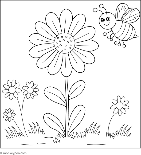 Printable colouring page of a daisy visited by a bee, suitable for classroom and recreational activities.