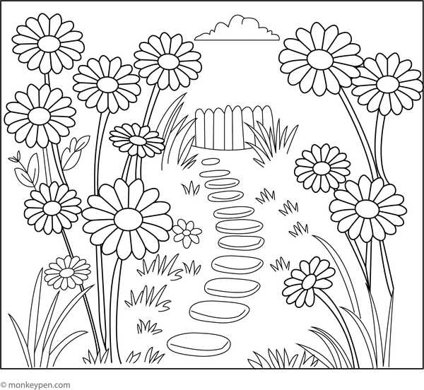 Colouring page of a garden pathway lined with daisies, designed for educational and recreational use.