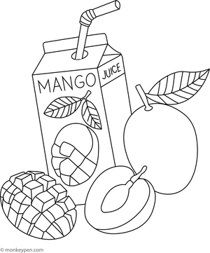 Illustration of a glass of mango juice with a straw and tropical garnishes, suitable for children's coloring activities.