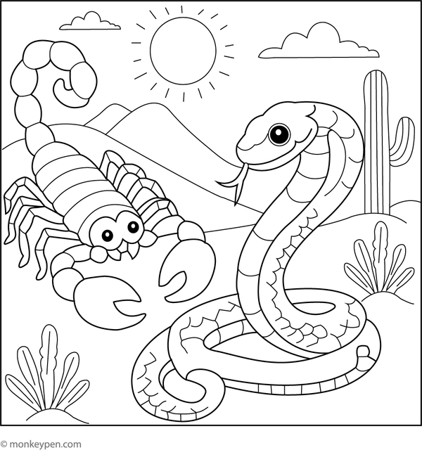Coloring sheet illustrating an encounter between a scorpion and a benign snake within a desert landscape, intended for children's adventure-themed activities.
