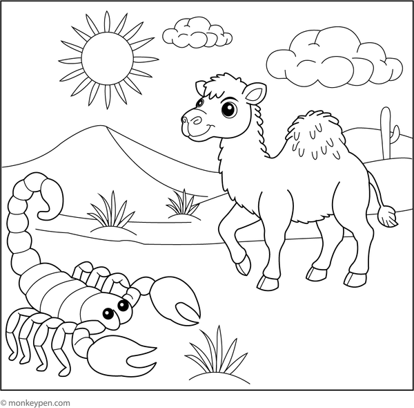 Coloring page showing a scorpion in the desert with a friendly camel in the background, an engaging scene for children's artistic endeavors.