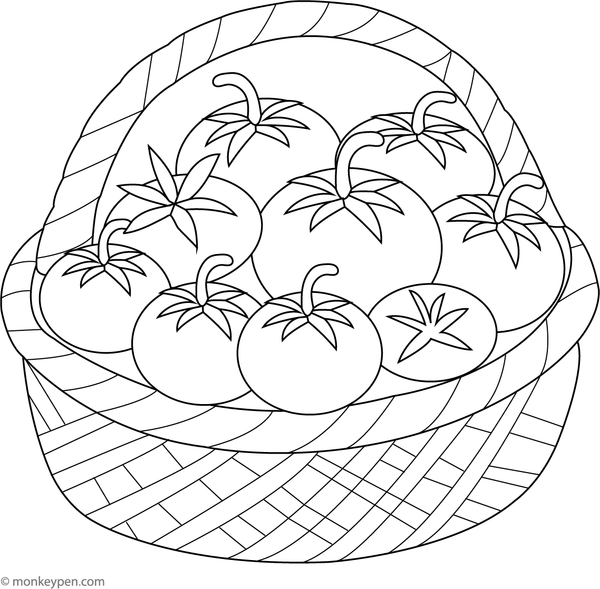 Formal depiction of a ripe tomato placed within a woven basket, suitable for educational farm or market scene representations.