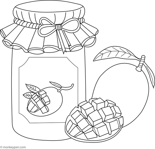Coloring illustration of a jar filled with mango jam, suitable for kitchen and food-themed educational activities.