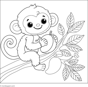 Illustration of a playful monkey holding or reaching for a mango in a jungle setting suitable for children’s coloring activities.