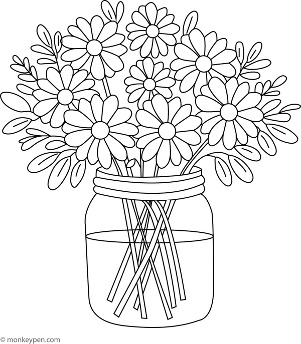 Printable scene of daisies arranged in a glass jar, appropriate for educational or recreational colouring.