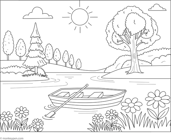 Rowboat on the Pond Coloring Page