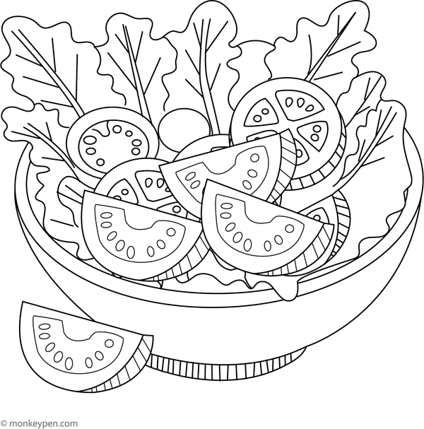 Coloring sheet illustrating a bowl of fresh tomato salad with assorted vegetables, an enjoyable and health-conscious activity for children.