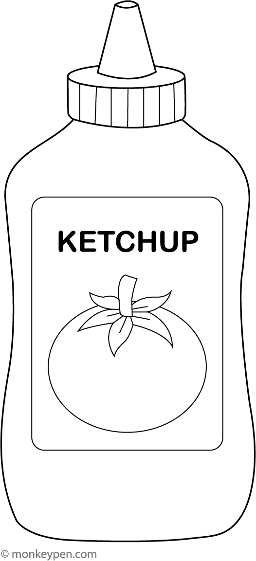 Illustration of a ketchup bottle adorned with nearby tomatoes, suitable as an engaging food-themed activity for children.