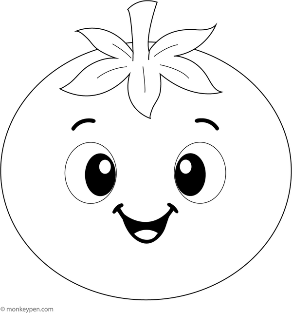 Colouring illustration of a cheerful, cartoon-style tomato with a smiling face, appealing as a fun character for children.