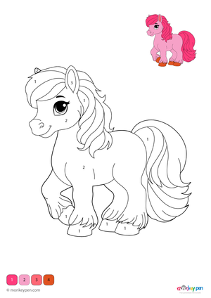 A cheerful cartoon pony color-by-number worksheet for early learners; this free downloadable PDF helps kids build number recognition and coloring confidence in a playful, guided activity.