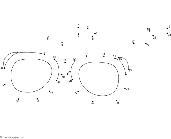 Printable dot-to-dot worksheet of cartoon sunglasses for children to connect and color creatively.