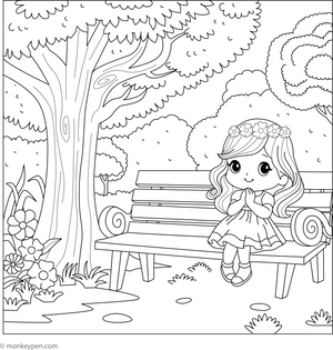 Girl On Park Bench Coloring Page