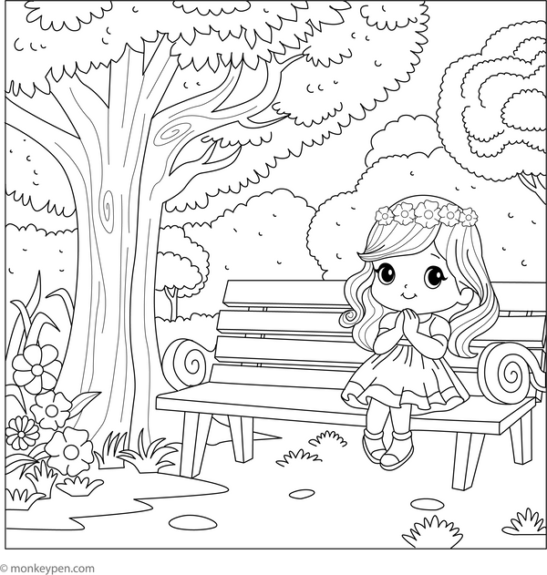 Girl On Park Bench Coloring Page