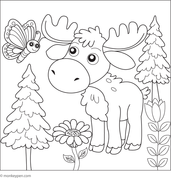 Colouring page illustrating a moose observing a butterfly flying nearby, depicting a playful forest scene suitable for children.