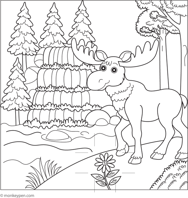 Colouring page illustrating a moose positioned near a cascading waterfall, set within a scenic natural landscape suitable for young artists.