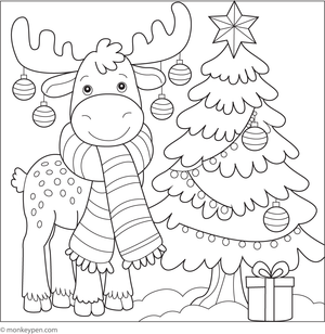 Colouring page featuring a moose near a decorated Christmas tree, capturing a festive holiday atmosphere suitable for children.