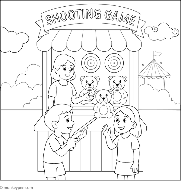 Printable coloring page of a shooting game booth at an amusement park, suitable for children.