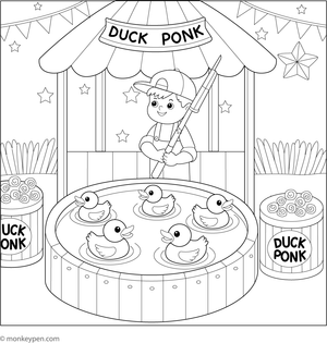 Printable coloring page illustrating a duck pond game at an amusement park, engaging for children.