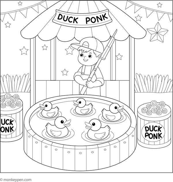 Printable coloring page illustrating a duck pond game at an amusement park, engaging for children.