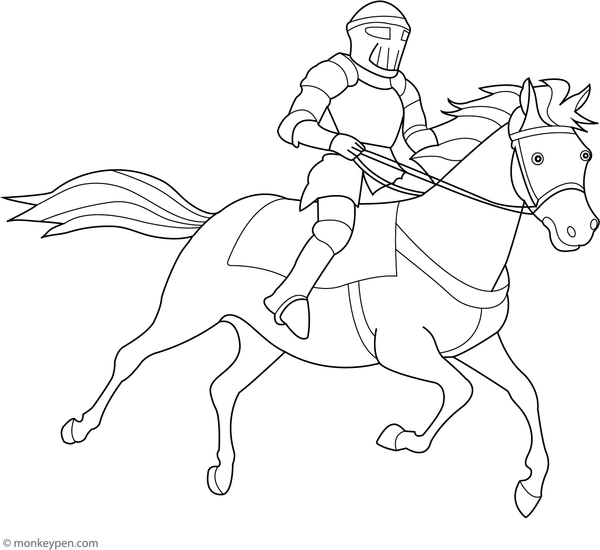 Illustration of a noble knight on a gallant horse, featuring armor, sword, and a medieval adventure scene in a printable PDF activity.