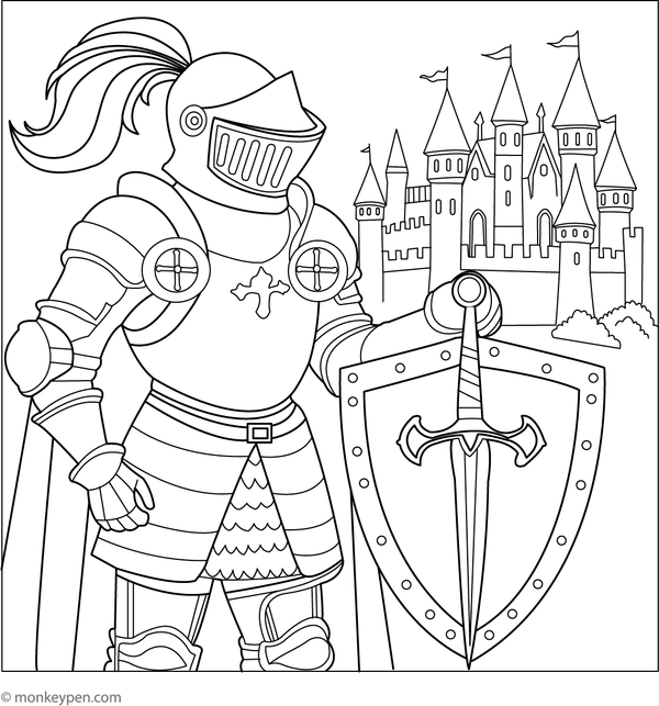 Illustration of a confident knight in shining armor standing upright, ideal for engaging and creative coloring in a children's activity.