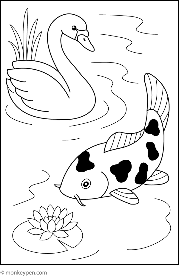 Free printable koi fish and swan colouring page for children, depicting a peaceful water scene with elegant birds and aquatic life.