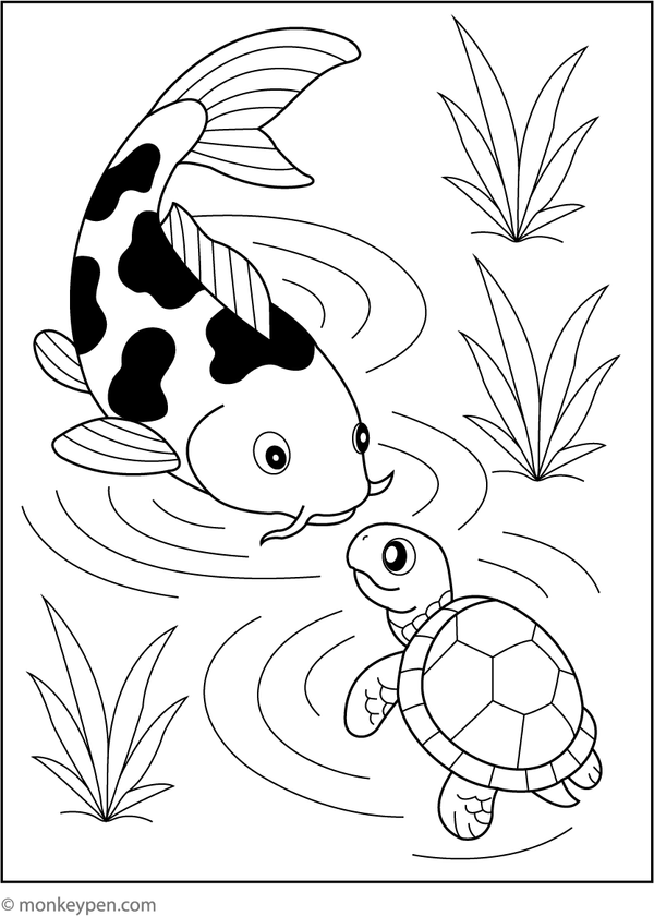 Free printable koi fish and turtle pond scene for children, highlighting interactions between aquatic animals, encouraging creativity and storytelling.
