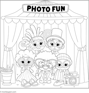 Printable coloring scene of a photo booth with children dressed in playful costumes, suitable for kids.