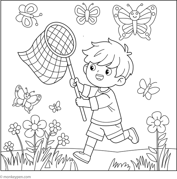 Boy with Butterfly Net Coloring Page