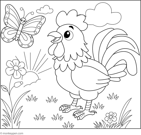 Colouring page depicting a rooster surrounded by butterflies, encouraging creativity in a springtime farm scene.