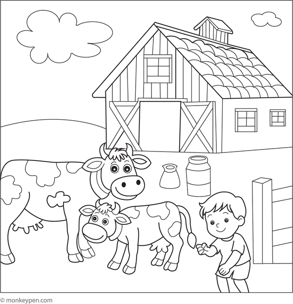 Printable dairy farm colouring page for children depicting cows, barns, and a serene countryside scene, suitable for educational and recreational purposes.