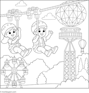 Printable coloring page showing children using a zipline at an amusement park, exciting for young artists.