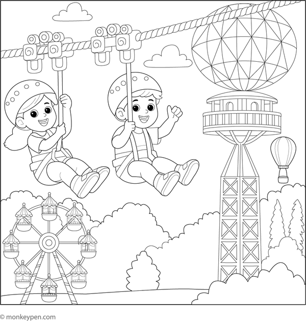 Printable coloring page showing children using a zipline at an amusement park, exciting for young artists.