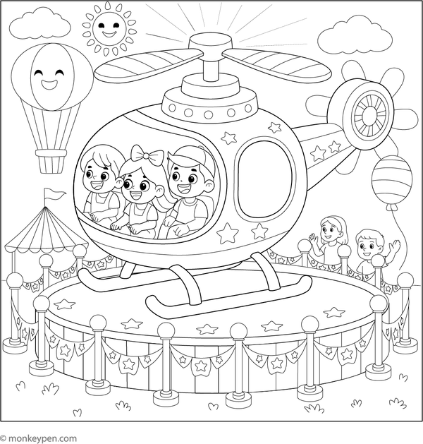 Printable coloring page featuring a small helicopter ride with children, set within an amusement park scene.