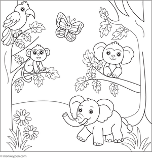 Printable jungle colouring page for children highlighting dense trees, tropical plants, and wildlife, encouraging creative exploration.
