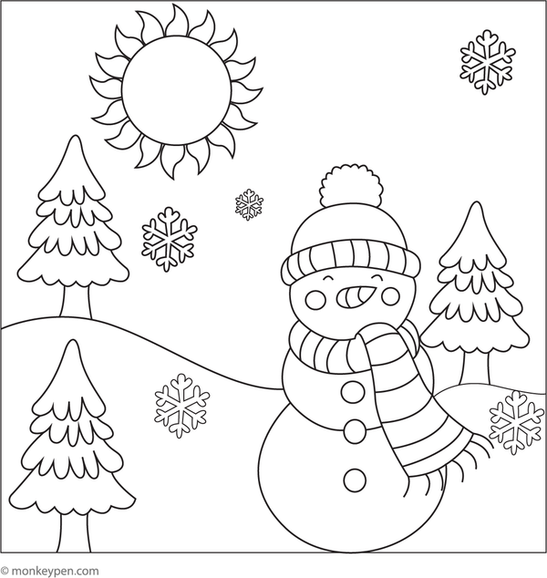 Printable winter landscape colouring page for children depicting snowy hills, trees, and peaceful seasonal scenery, suitable for winter-themed projects.