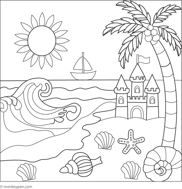 Printable seashore colouring page for children with sand, shells, waves, and seabirds, perfect for beach-inspired educational activities.