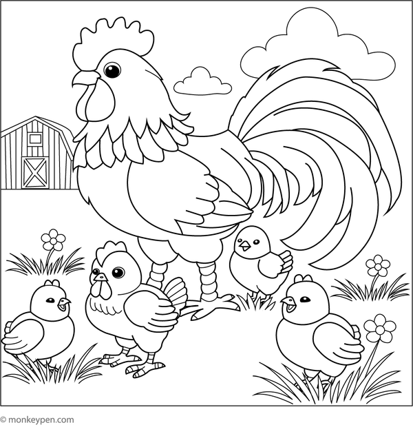Colouring page of a rooster with fluffy chicks in a farmyard setting, suitable for educational and recreational use.