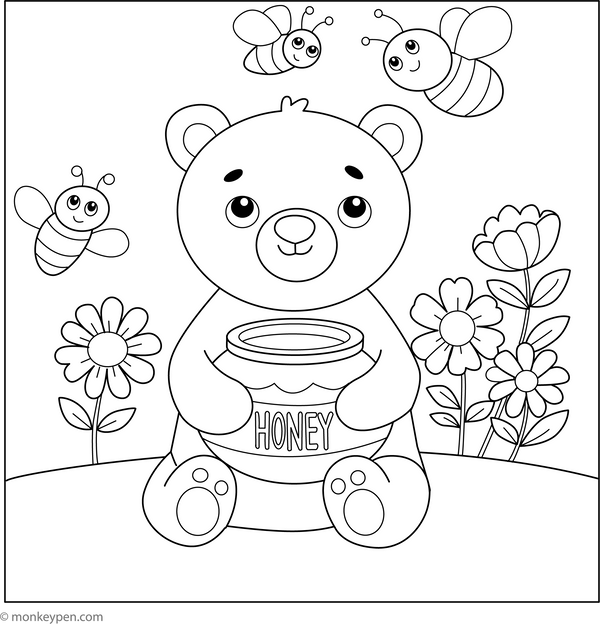 Teddy with Honey Coloring Page