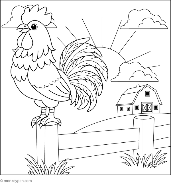 Colouring page showing a rooster on a wooden fence in a countryside setting, perfect for educational and leisure purposes.