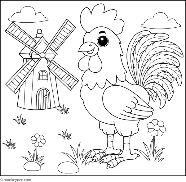 Colouring page of a rooster beside a windmill in the countryside, suitable for educational and recreational use.